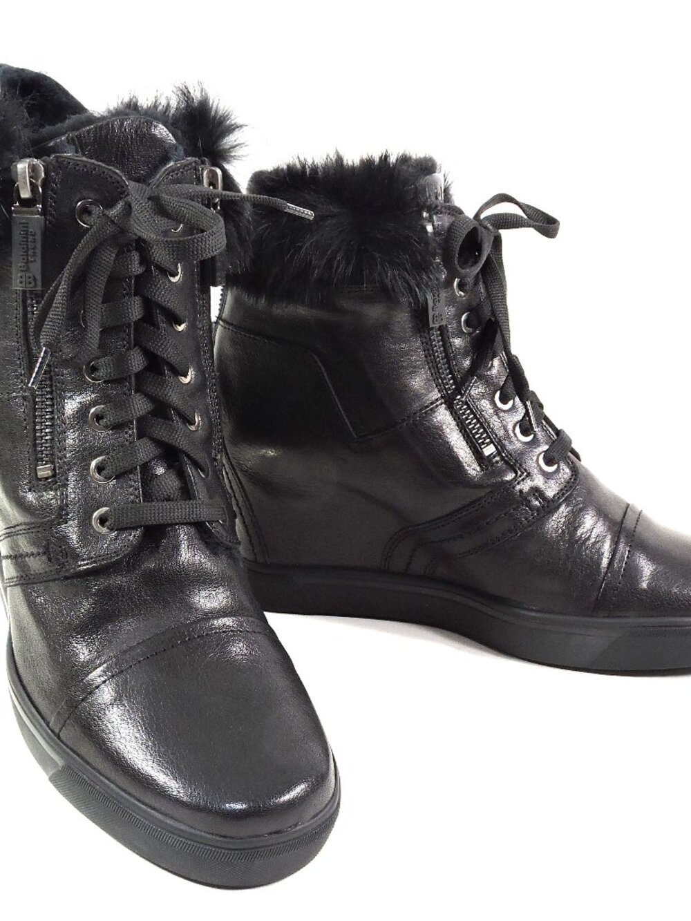 BALDININI 🇮🇹 WOMEN'S BLACK SOFT LEATHER COMFORT WEDGE LAMB FUR WINTER BOOTIE